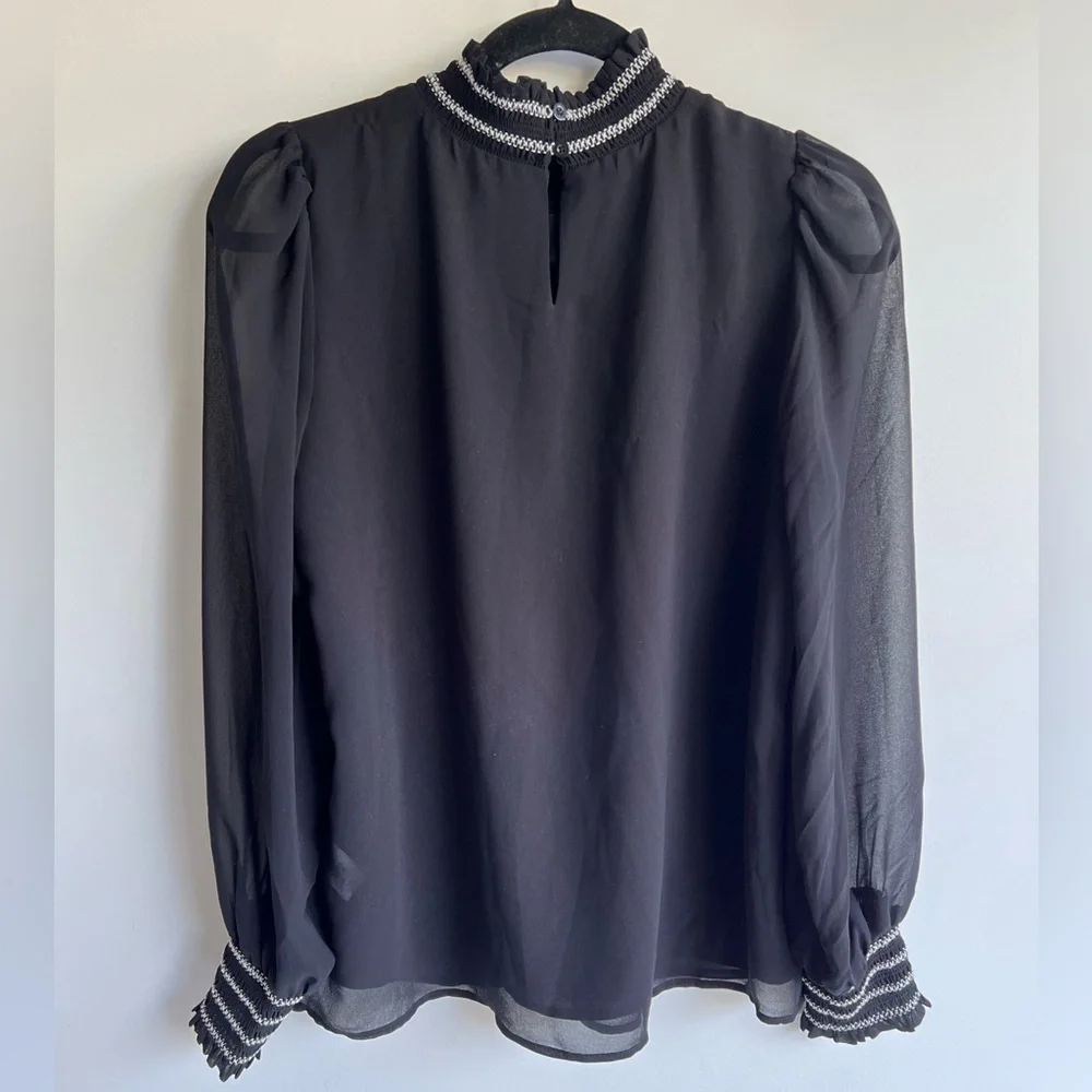 Karl Lagerfeld Paris Black Blouse Smocked Neck Puff Sheer Sleeve‎ Small